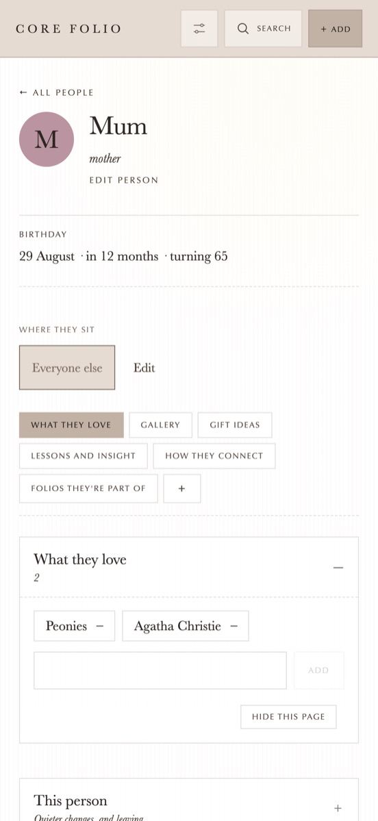 A person's page in Core Folio, with their birthday and what they love.