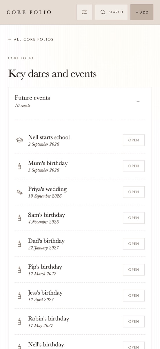 Key dates and events, with every birthday and occasion in order.