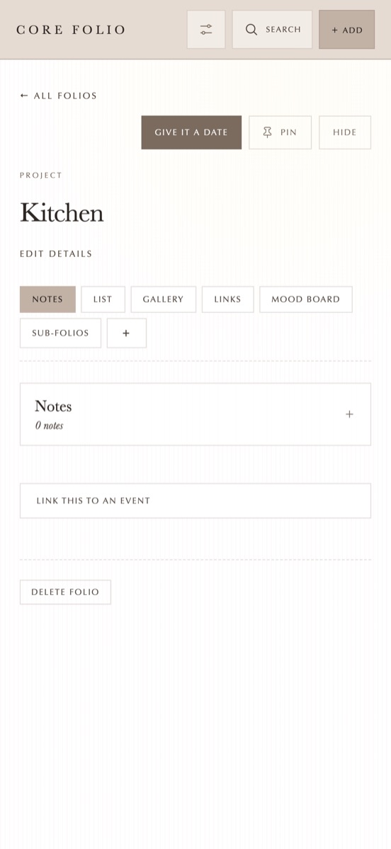 A Pip in Core Folio, with its tabs for notes, list, gallery and mood board.