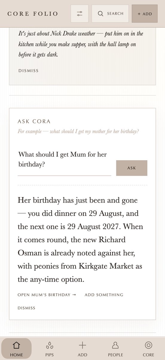 Asking Cora a question in Core Folio, and her answer.