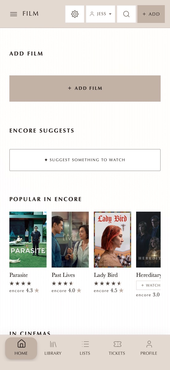 encore's home screen: the eight shelves, and a row of four favourite film posters.