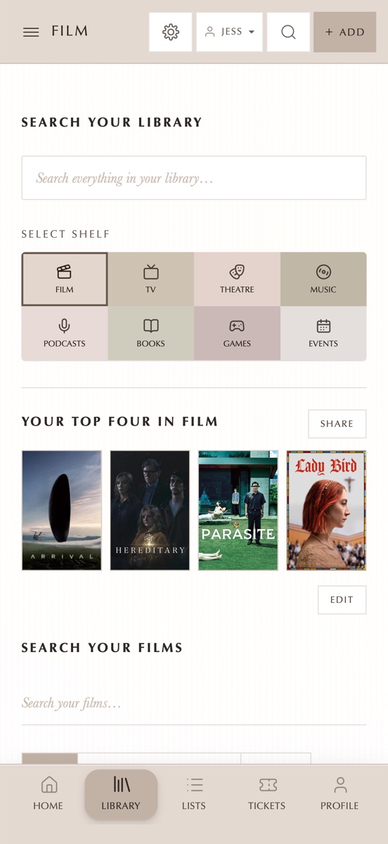 A film shelf in encore, each title with its date and a star rating.
