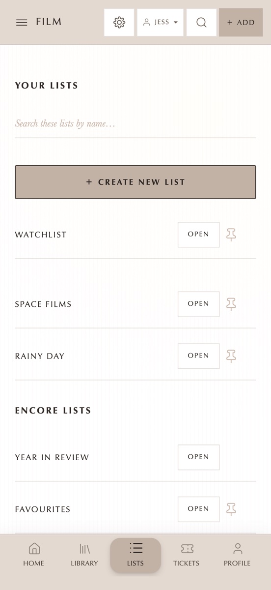 The lists screen in encore, showing Films for autumn and Sunday afternoons.